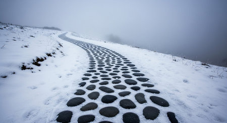 A solitary, winding pathway made of dark, smooth stones creates a striking contrast against a blanket of white snow. The path curves uphill, disappearing into a thick, grey fog that obscures the surrounding landscape. The stones are arranged in a repeating pattern, forming a textured surface that guides the eye. The scene is stark and atmospheric, evoking a sense of quiet solitude and mystery. The limited color palette of grey and white emphasizes the textures and the moody winter weather.の素材