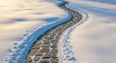 A winding stone path, laid with irregular flagstones, cuts a clear line through an expansive landscape blanketed in pristine white snow. The low-angle sunlight casts long, sharp shadows across the snow, creating a striking contrast and highlighting the texture of the path and the drifts. The scene is serene and tranquil, with a sense of quiet solitude. The warm sunlight on the cold snow suggests a crisp winter day, inviting a peaceful journey.の素材