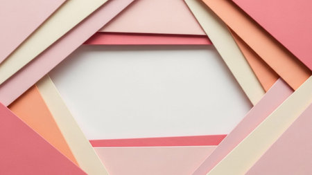 presents a clean and geometric arrangement of layered pastel-colored paper. The paper sheets are cut and positioned to form a central diamond-shaped void, with overlapping edges creating subtle shadows and depth. The color palette consists of soft pinks, peaches, and creams, creating a gentle and inviting aesthetic. The composition is precise and minimalist, highlighting the interplay of shapes, colors, and light. It appears to be a flat lay arrangement, or creative backgrounds.の素材