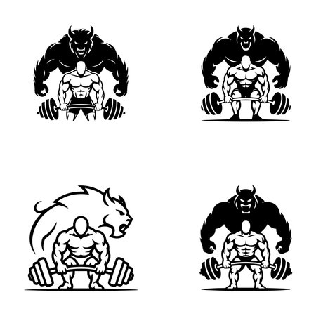 Set of strong bodybuilder icons. Gym, bodybuilding, healthy lifestyle. Vector illustrationのイラスト素材