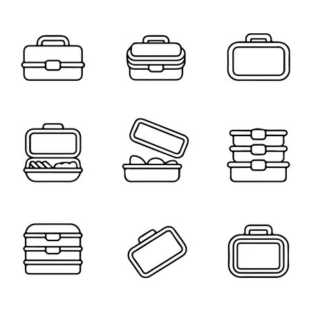 Lunchbox and Meal Container Icons Set. Collection of Outline Line Art Lunchboxes and Containersのイラスト素材