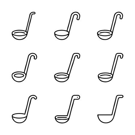 Ladle and Soup Serving Icons Set. Nine Black Outline Soup Ladle Iconsのイラスト素材