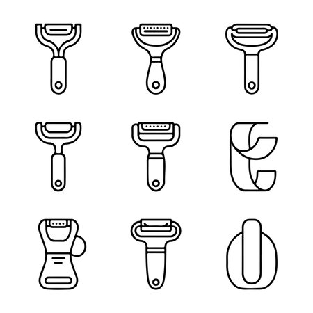 Outline Peeler Icon Set Collection. Vector Illustration of Different Types of Vegetable Peelersのイラスト素材