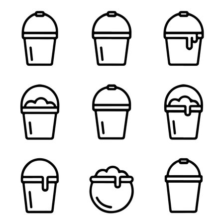 Bucket Icon Set for Cleaning.Various Empty and Filled Plastic Buckets Iconsのイラスト素材