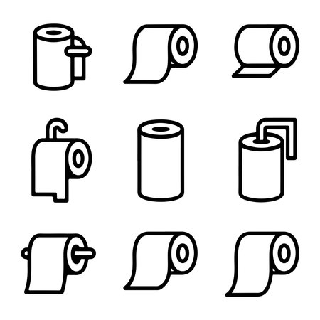 Paper Towel Icon Set Collection. Simple Line Art Illustrations of Toilet Paper Rolls and Holdersのイラスト素材