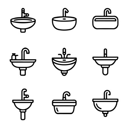 Sink Icon Set for Plumbing. Various Bathroom Sink Designs in Outline Styleのイラスト素材