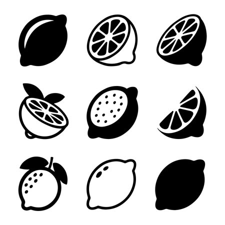 Lemon Icon Set for Fruit. Vector Set of Black and White Lemon Illustrationsのイラスト素材