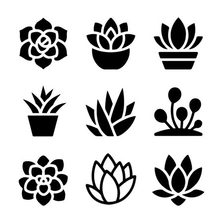 Succulent Icon Set for Decor. Vector Illustration of Various Succulent Plants in Potsのイラスト素材