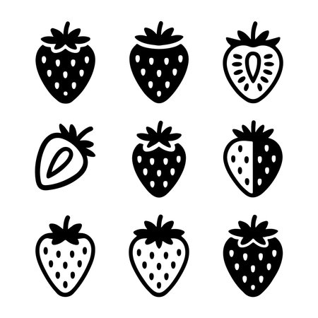 Strawberry Icon Set Collection. Simple Black and White Strawberry Icons Setのイラスト素材
