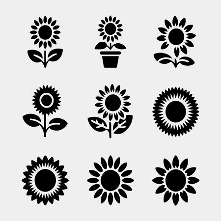 Set of Black and White Sunflower Iconsのイラスト素材