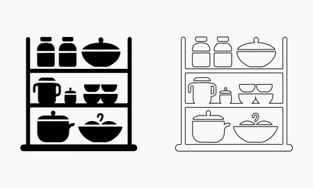 Modern Pantry Shelf Icon Set in Solid and Outline Style for Kitchen Organizationのイラスト素材