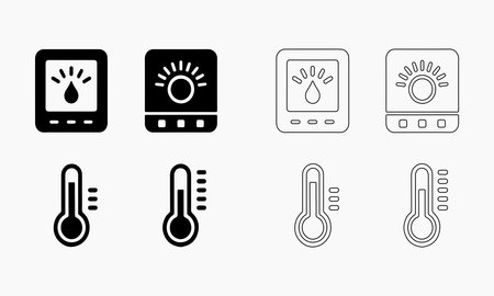 Vector illustration of various thermostat and thermometer icons in solid and line style.のイラスト素材