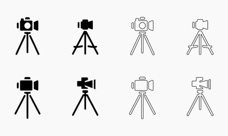 Vector Illustration Set of Cameras on Tripods in Black and Whiteのイラスト素材