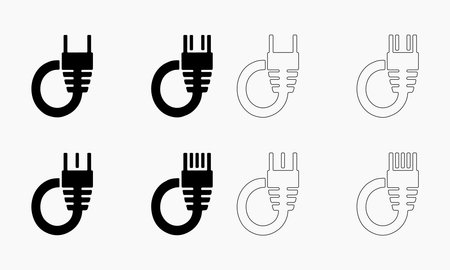 Vector Illustration Set of Network and Power Plugs in Solid and Outline Styles