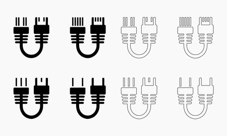 Vector Illustration Set of Network and Power Plugs in Solid and Outline Stylesのイラスト素材