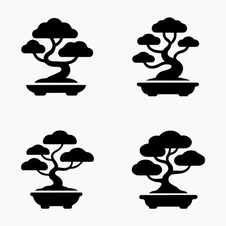 Four Simple Black Silhouette Bonsai Trees in Potsのイラスト素材