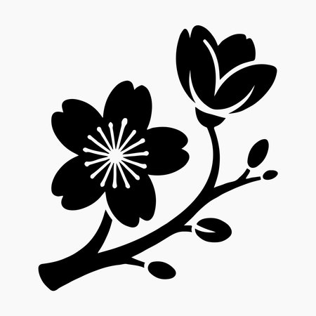 Elegant Black and White Cherry Blossom Branch Illustrationのイラスト素材
