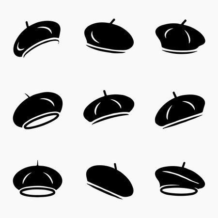 A collection of beret hat silhouettes, presented as icons. Each distinct beret design is isolated on a clean white background.のイラスト素材