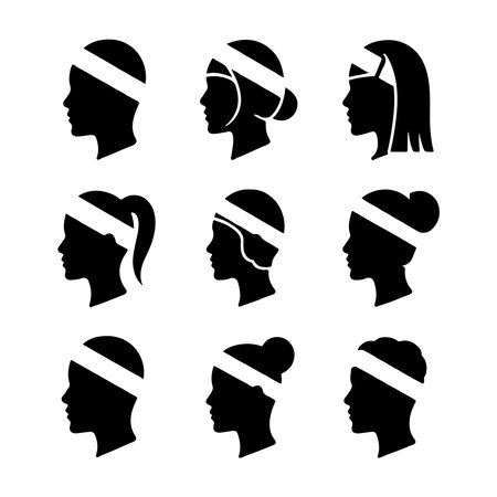 A collection of black silhouette icons representing different types of headbands, presented isolated on a clean white background.のイラスト素材