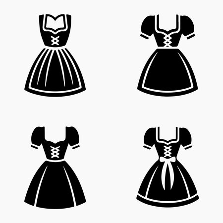 European traditional outfit dirndl dress glyph icons set featuring Bavarian clothing, Oktoberfest costume, and cultural fashion symbols.のイラスト素材