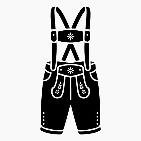 A black silhouette of traditional German Lederhosen with suspenders, isolated on a clean white background. The garment features decorative stitching.のイラスト素材