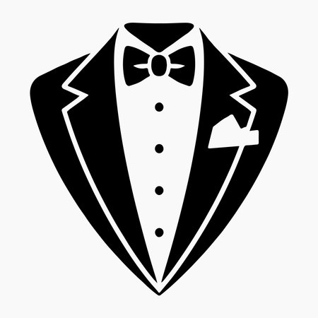 A stylized black tuxedo with a white shirt, black bow tie, and a white pocket square, presented isolated on a white background.のイラスト素材