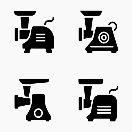Meat grinder solid icons set simple cooking utensil collection for meat branding kitchenware and culinary designのイラスト素材