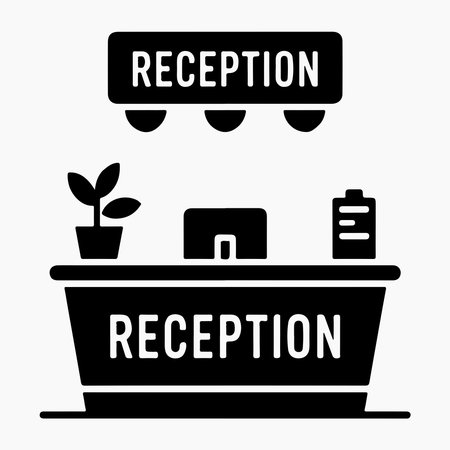 Reception desk solid icon representing office furniture, front desk, interior design, workplace reception area and business themesのイラスト素材