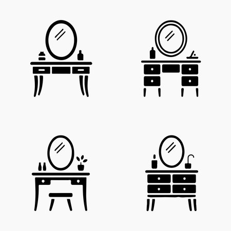 Dressing table with mirror bold icons set strong collection of bedroom furniture icons for interiors, stylish layouts, and decorのイラスト素材