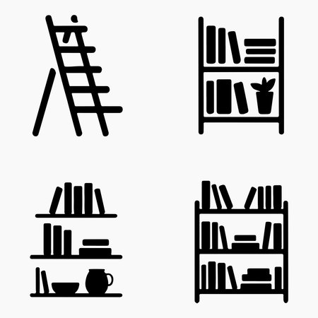 Bookshelf ladder glyph icons set representing bookshelf design and modern decorative storage furniture ideasのイラスト素材