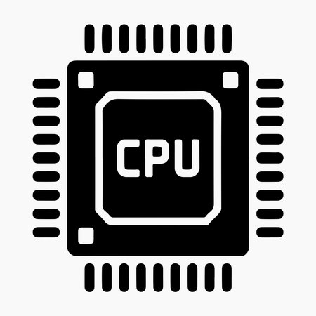 A solid icon representing a CPU chip with visible pins, presented in isolation on a clean white background.のイラスト素材