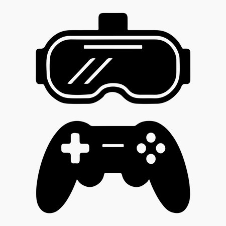 A clean, solid icon representing a VR headset controller, presented in isolation on a white...