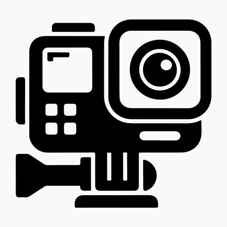 A clean, solid icon representing an action camera, similar to a GoPro, presented in isolation on a...