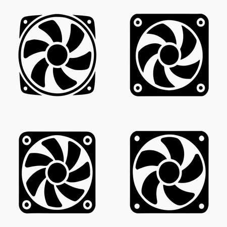 A collection of solid icons representing computer cooling fans, presented as a single object isolated on a white background.のイラスト素材