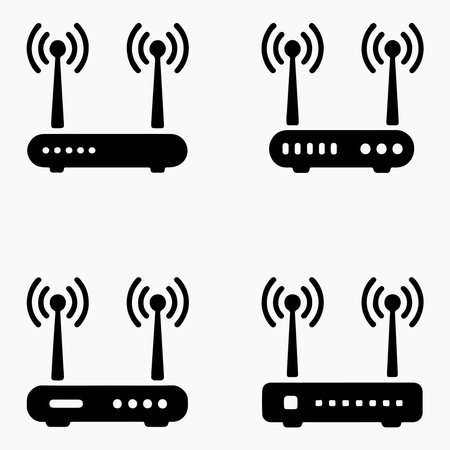 A collection of solid icons representing wireless routers with antennas, presented isolated on a clean white background.のイラスト素材