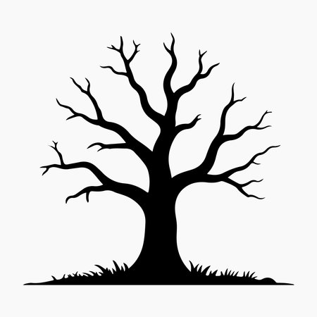 A stark, solid silhouette of a dead tree stands alone, presented as a clean icon on a white background.のイラスト素材