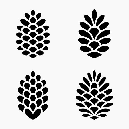 A collection of solid pine cone icons presented individually on a clean white background, perfect for various design applications.のイラスト素材
