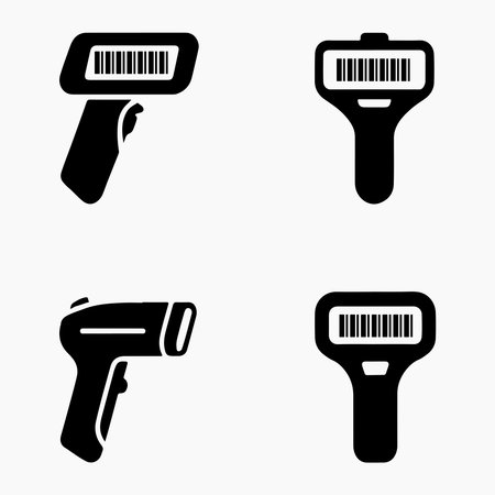 A collection of solid icons depicting a handheld barcode scanner, presented clearly isolated on a white background.のイラスト素材