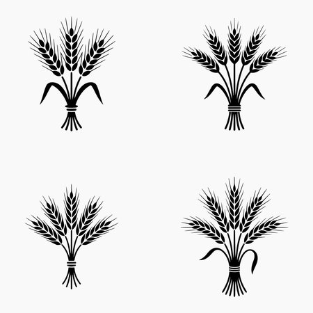 A collection of solid icons depicting bundles of wheat stalks. These graphics are presented isolated on a clean white background for easy integration.のイラスト素材