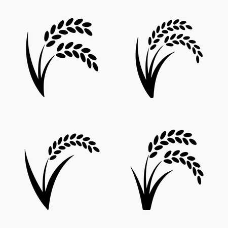 A collection of solid icons depicting rice stalks, presented individually on a clean white background.のイラスト素材