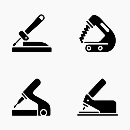 A collection of solid icons representing a biscuit joiner tool, presented individually isolated on a clean white background.のイラスト素材