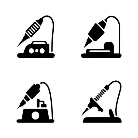 A collection of solid icons representing soldering stations and related tools, presented clearly isolated on a white background for versatile use.のイラスト素材