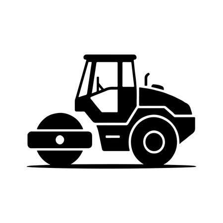 A clear and concise solid icon representing a road roller, presented in isolation on a clean white...