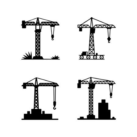 A collection of solid tower crane icons, each presented individually isolated on a clean white background for versatile use.のイラスト素材