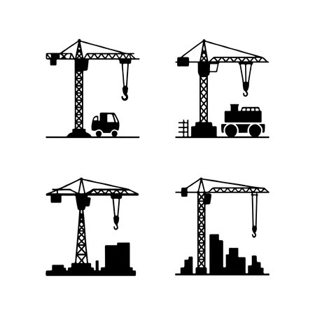 A collection of solid tower crane icons, each isolated on a clean white background for easy integration into designs.のイラスト素材