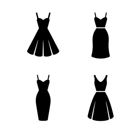 A collection of simple, solid icons representing midi dresses, presented isolated on a clean white background for easy integration.のイラスト素材