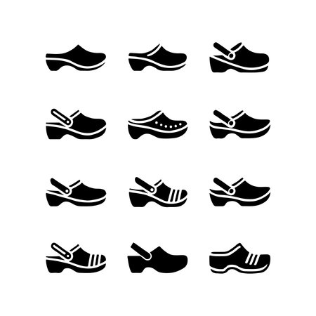 A collection of solid clog icons, each presented as an isolated object on a clean white background.のイラスト素材