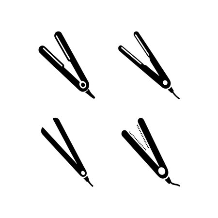 A collection of solid icons representing a hair straightener, presented in a clean, isolated format on a white background.のイラスト素材