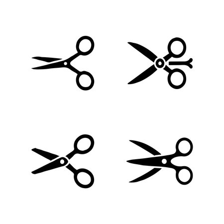 A collection of solid tailor scissors icons presented individually on a clean white background, perfect for design projects.のイラスト素材