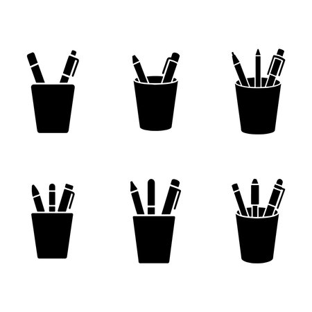 A collection of solid icons representing pen holders and cups, presented as an isolated object on a white background.のイラスト素材